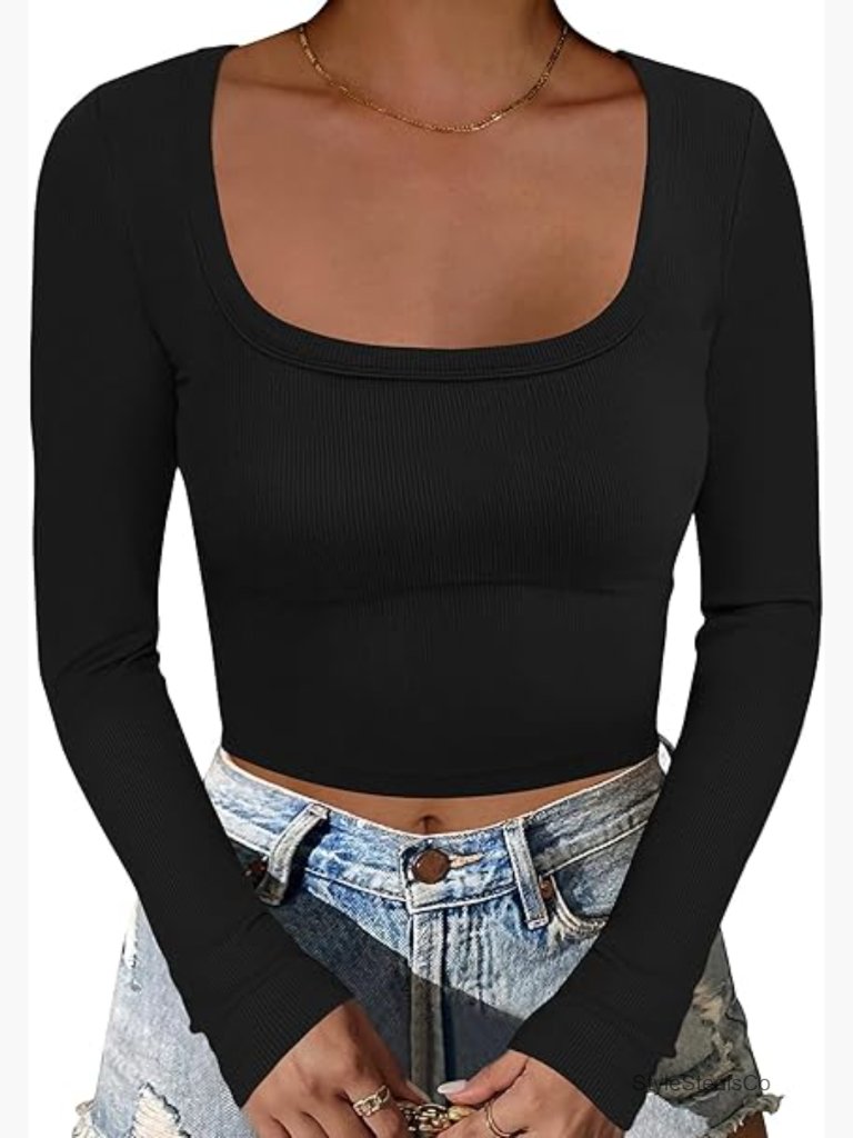 Long Sleeve Square Neck Crop Top Ribbed Slim Fit Basic Tee